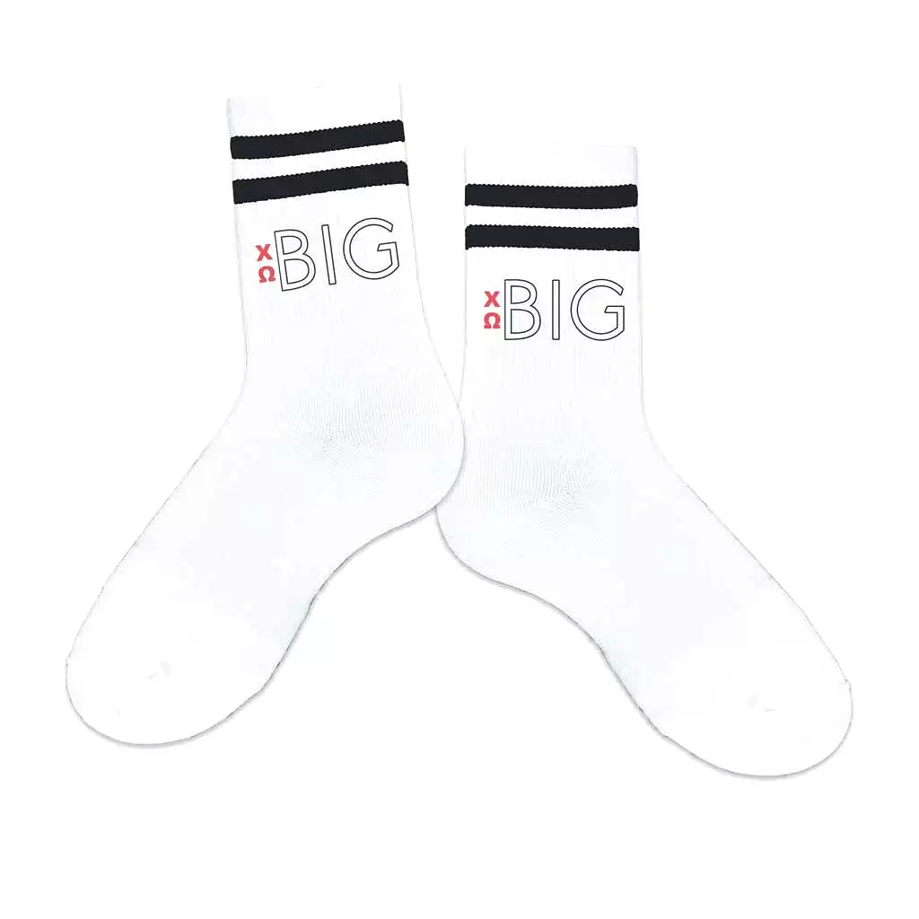 Chi Omega Sorority Socks for your Big and Little with Greek Letters on Striped Cotton Crew Socks