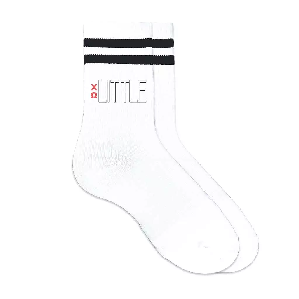 Chi Omega Sorority Socks for your Big and Little with Greek Letters on Striped Cotton Crew Socks