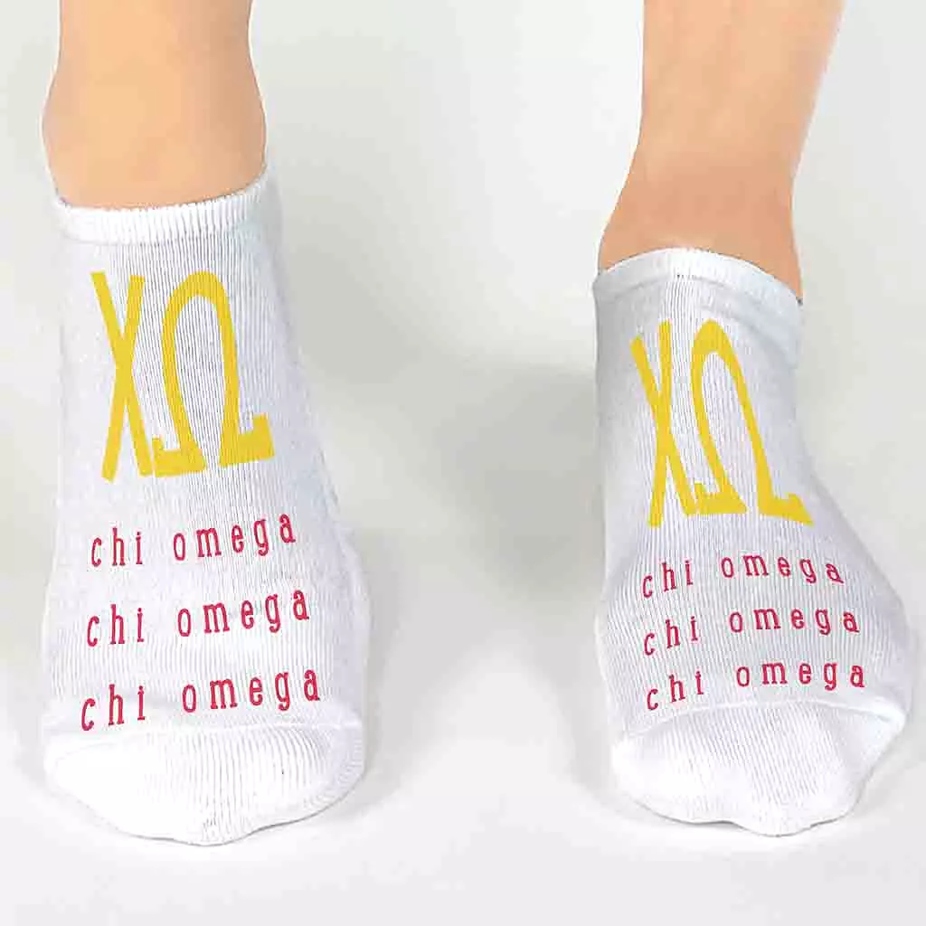 Chi Omega Sorority Socks with Large Greek Letters, Printed on No Show Socks