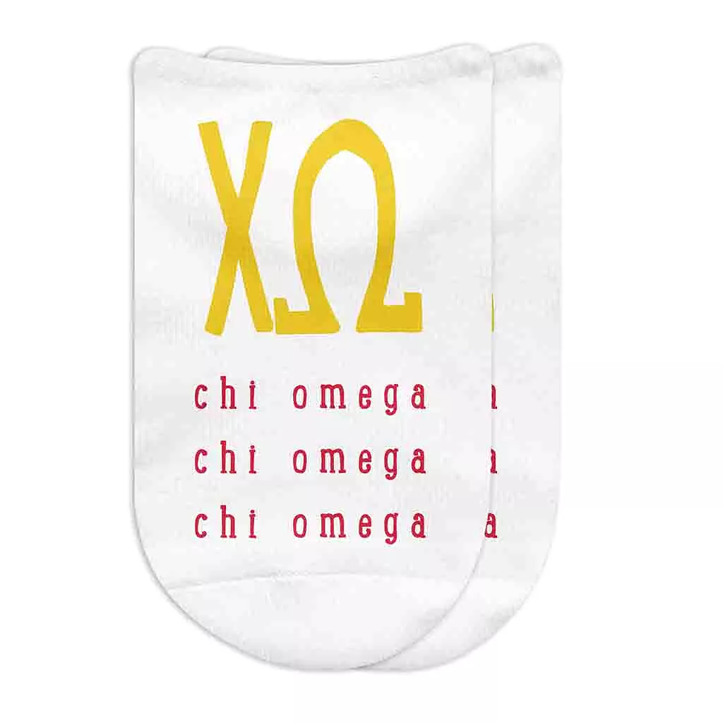 Chi Omega Sorority Socks with Large Greek Letters, Printed on No Show Socks