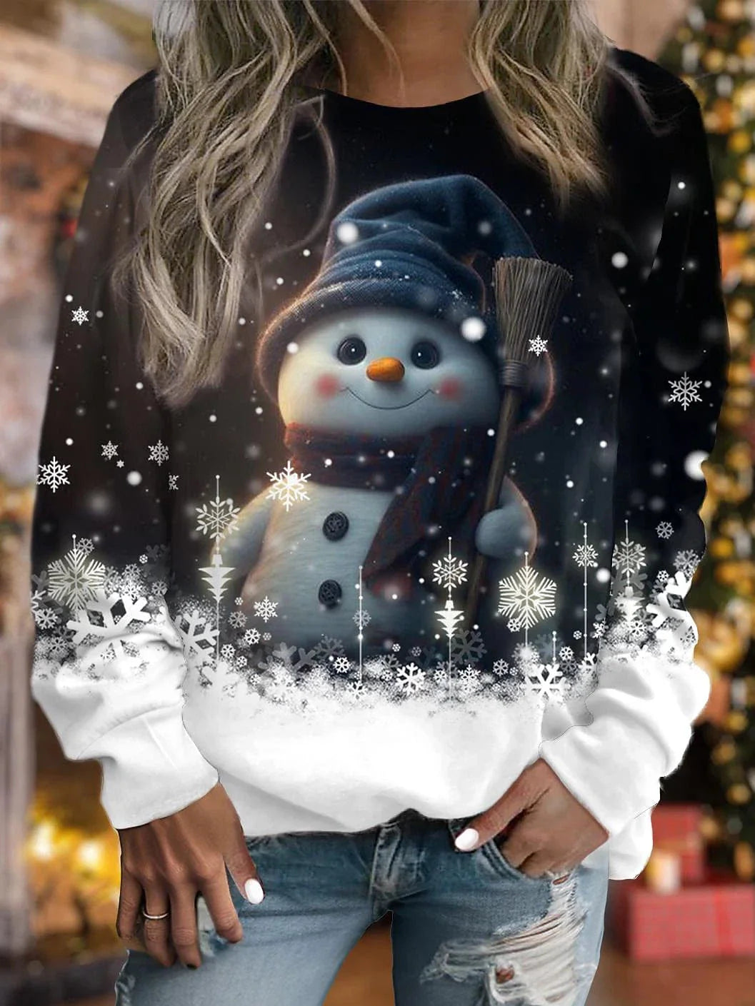 Christmas Snowman and Snowflake Print Women's Velvet Sweatshirt