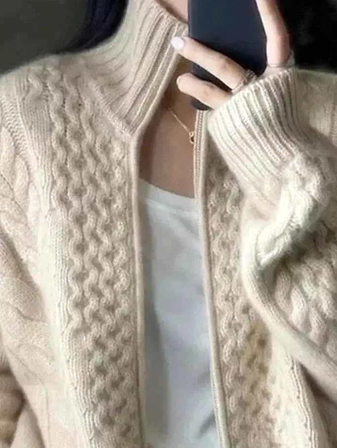 Chunky Cable Knit Zipper Cardigan for Women in Maillard Beige Sizes S, M, L