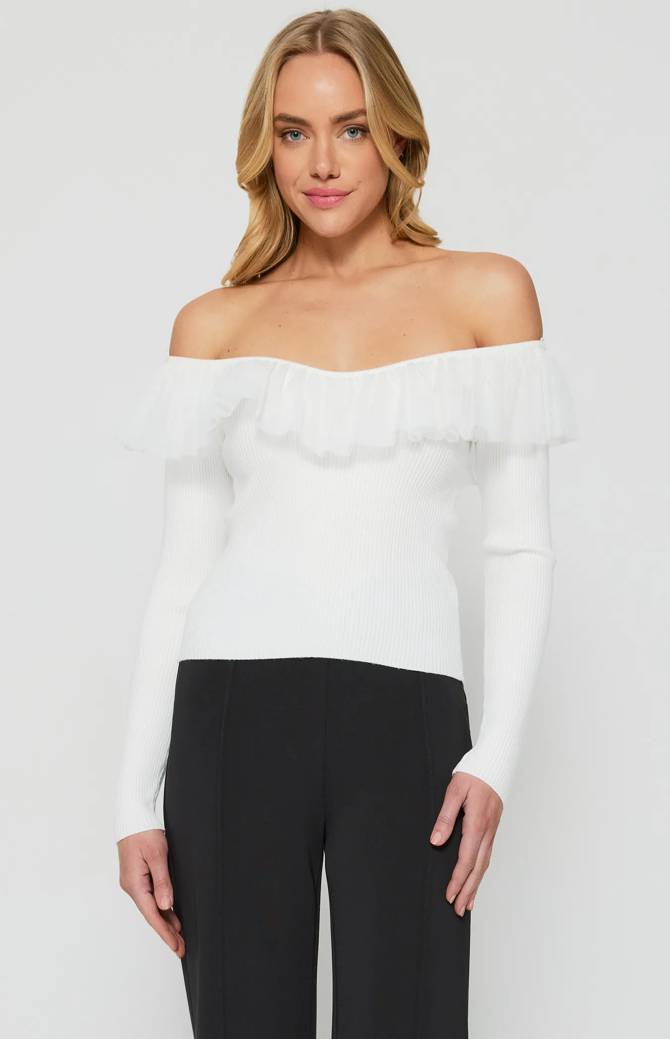 Contrast Mesh Frill Neckline Knit Top (WKN540)