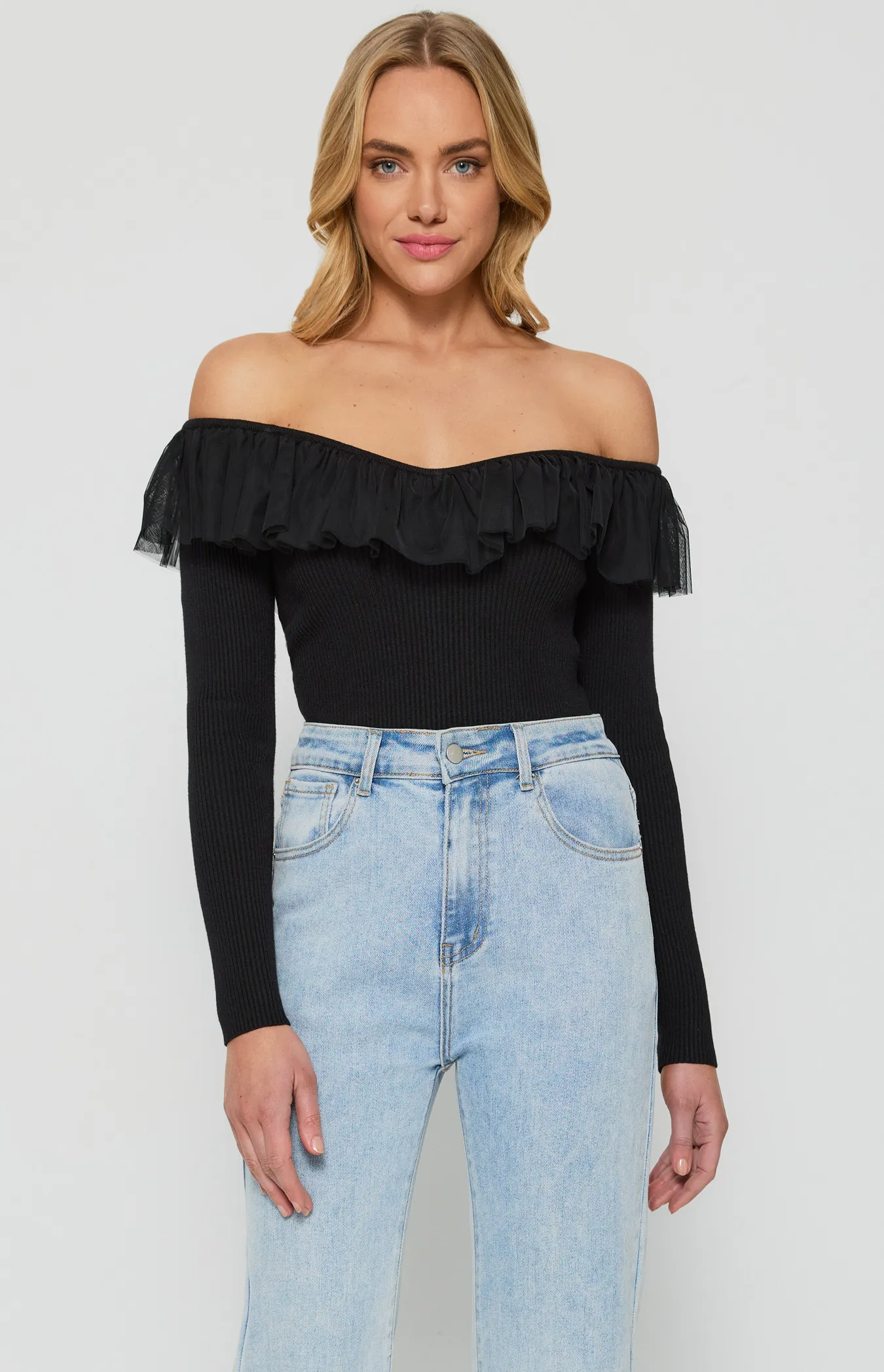 Contrast Mesh Frill Neckline Knit Top (WKN540)