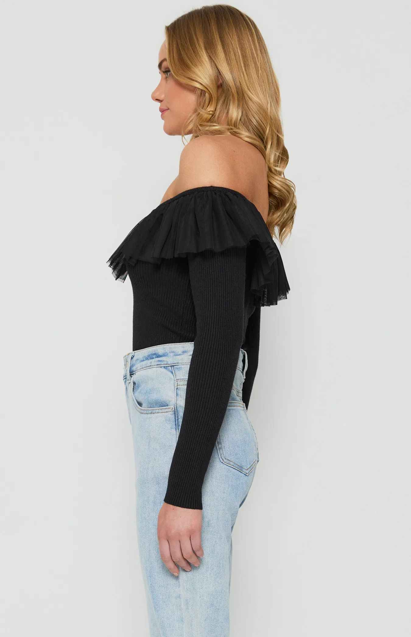 Contrast Mesh Frill Neckline Knit Top (WKN540)