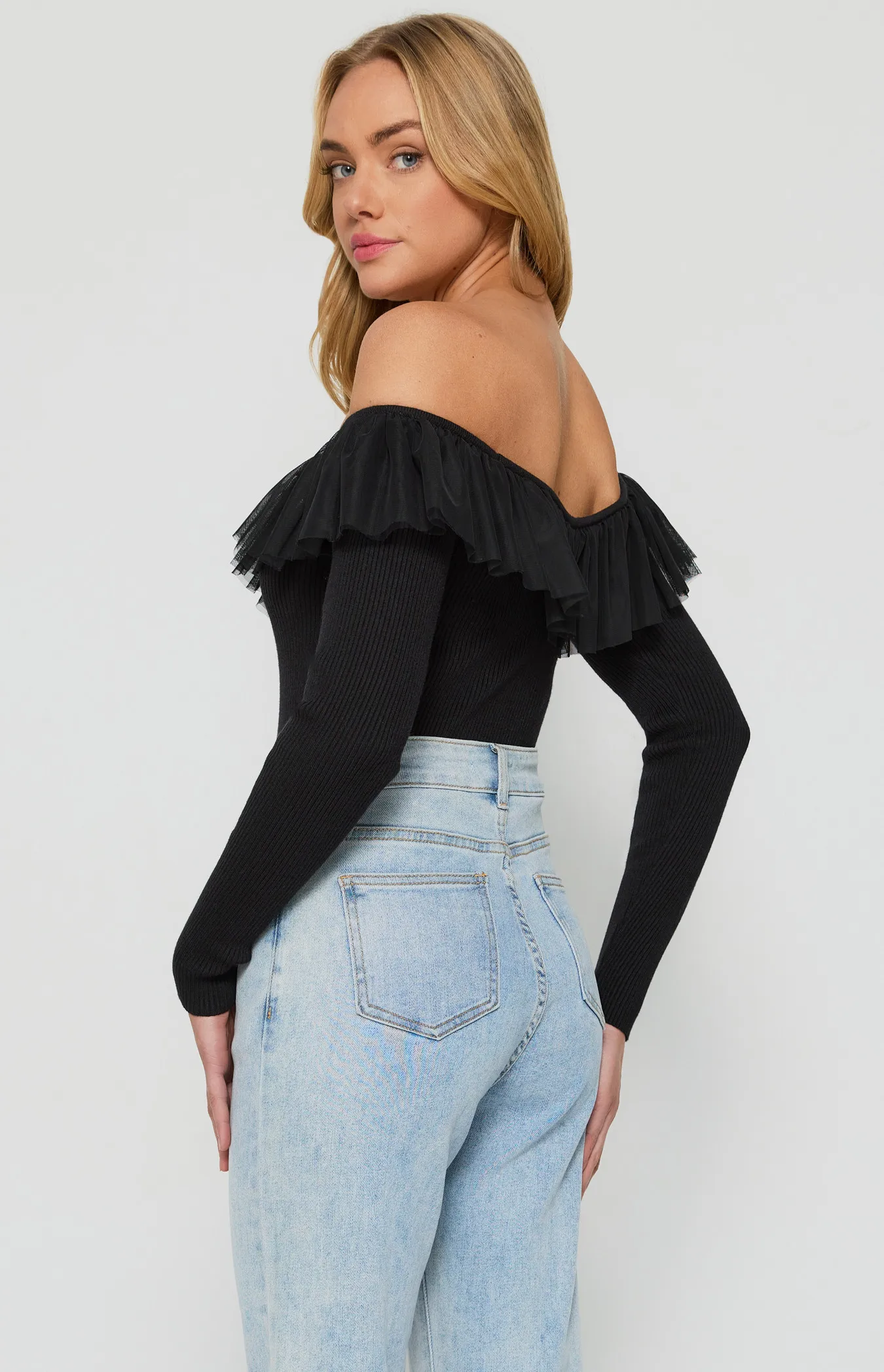 Contrast Mesh Frill Neckline Knit Top (WKN540)