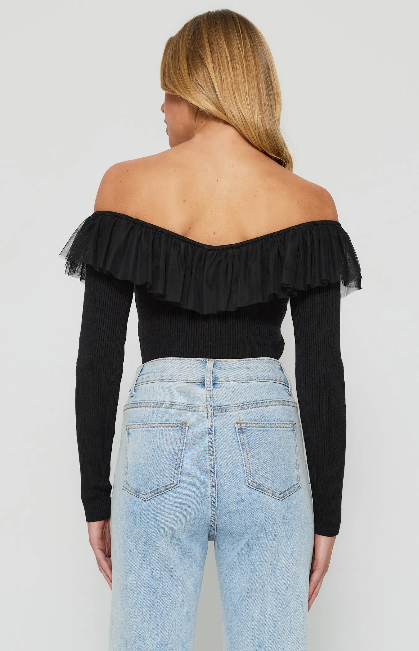 Contrast Mesh Frill Neckline Knit Top (WKN540)