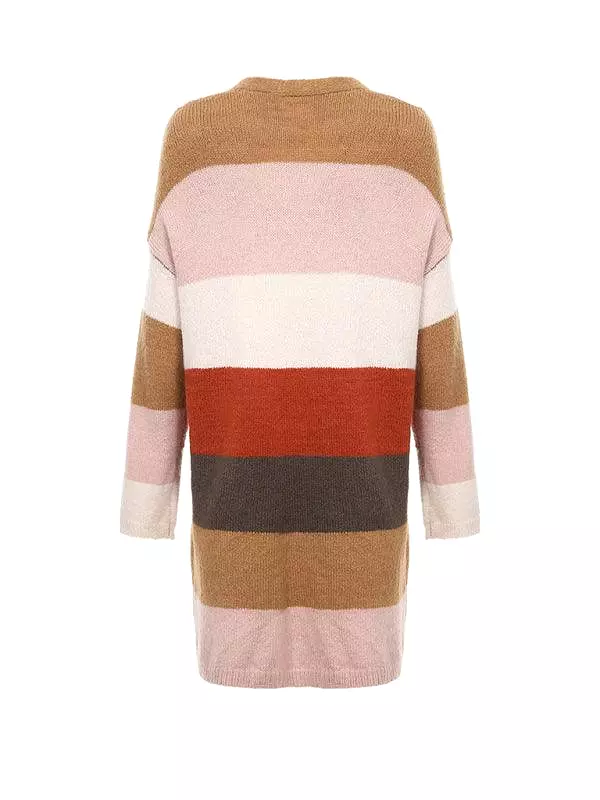 Contrast Striped Long  Women Cardigan Sweater