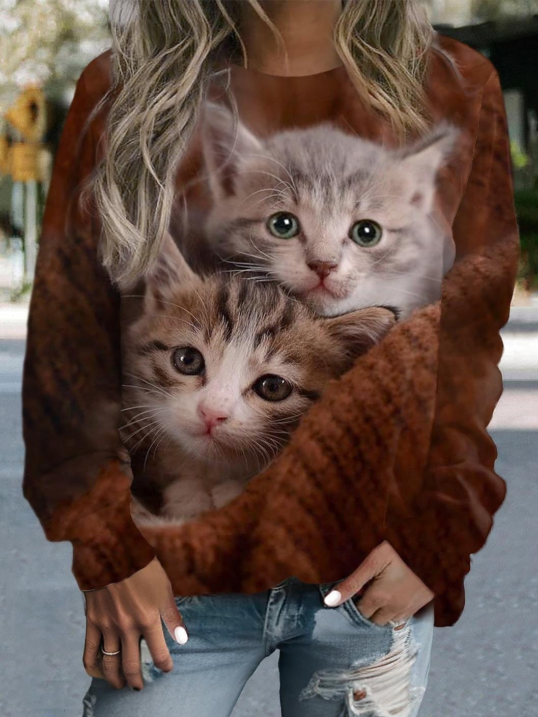 Cozy Brown Cat Print Women's Sweatshirt for Fall & Winter Casual Chic