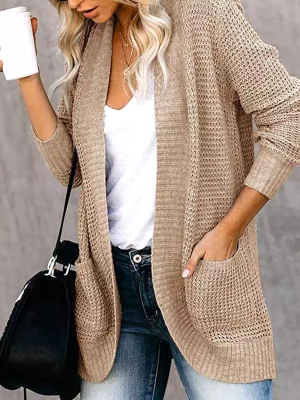 Curved Placket Large Pocket Women Cardigan Sweater