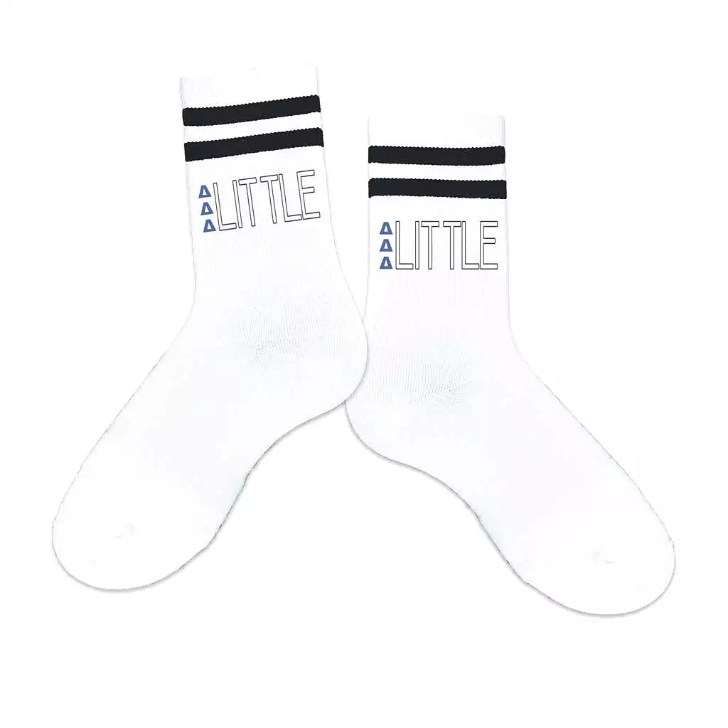 Delta Delta Delta Sorority Socks for your Big and Little with Greek Letters on Striped Cotton Crew Socks