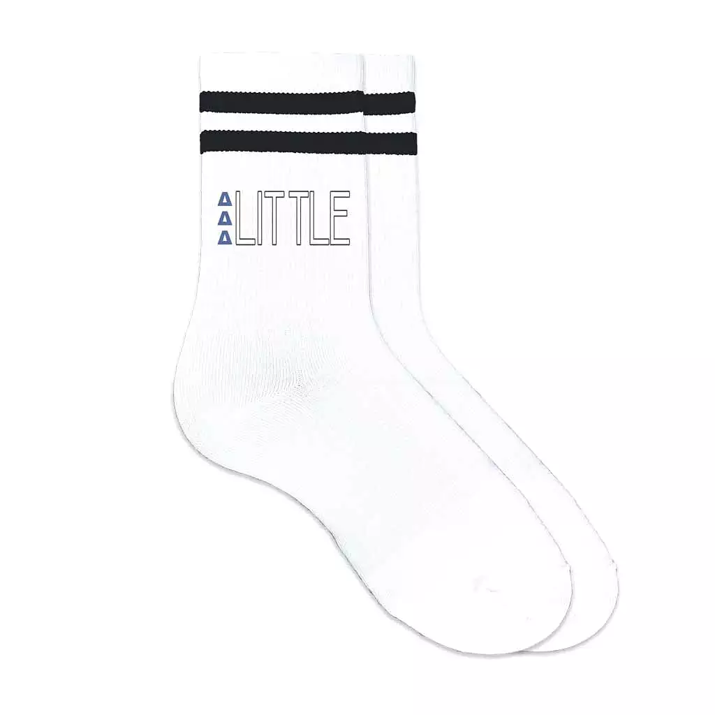 Delta Delta Delta Sorority Socks for your Big and Little with Greek Letters on Striped Cotton Crew Socks