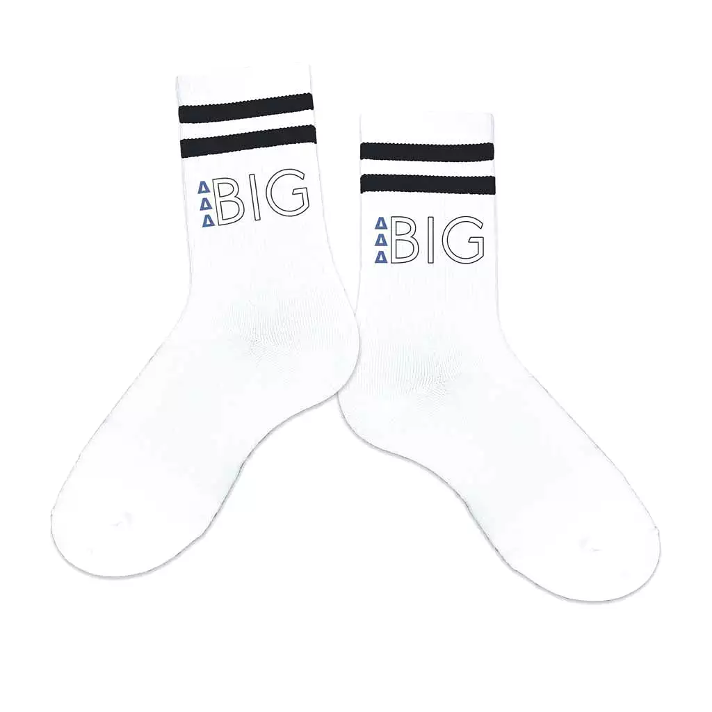 Delta Delta Delta Sorority Socks for your Big and Little with Greek Letters on Striped Cotton Crew Socks