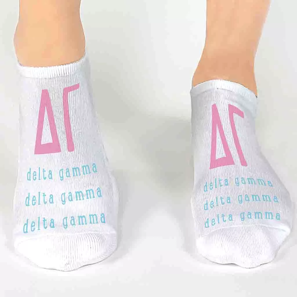 Delta Gamma Sorority Socks with Large Greek Letters, Printed on No Show Socks