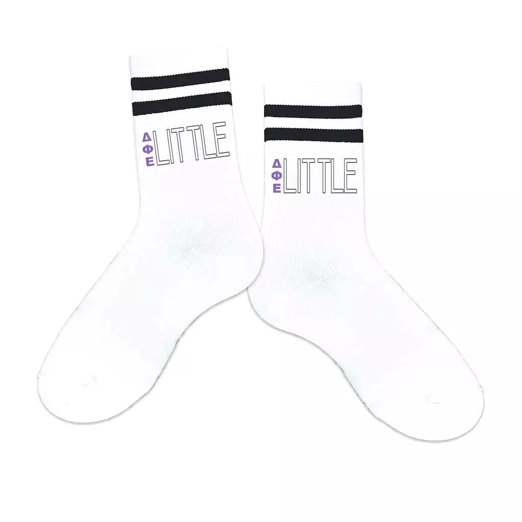 Delta Phi Epsilon Sorority Socks for your Big and Little with Greek Letters on Striped Cotton Crew Socks