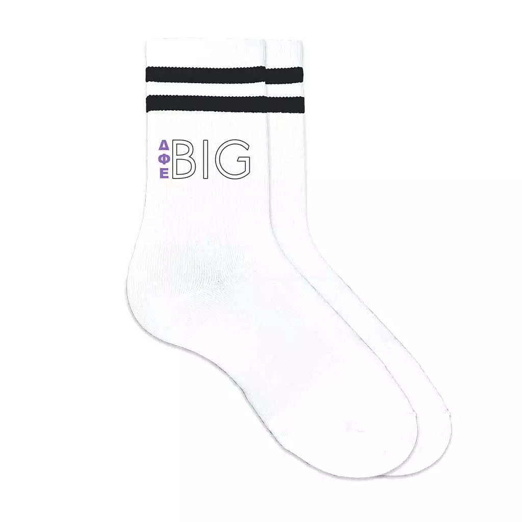 Delta Phi Epsilon Sorority Socks for your Big and Little with Greek Letters on Striped Cotton Crew Socks