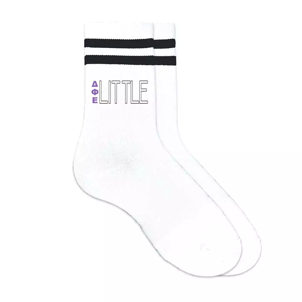 Delta Phi Epsilon Sorority Socks for your Big and Little with Greek Letters on Striped Cotton Crew Socks