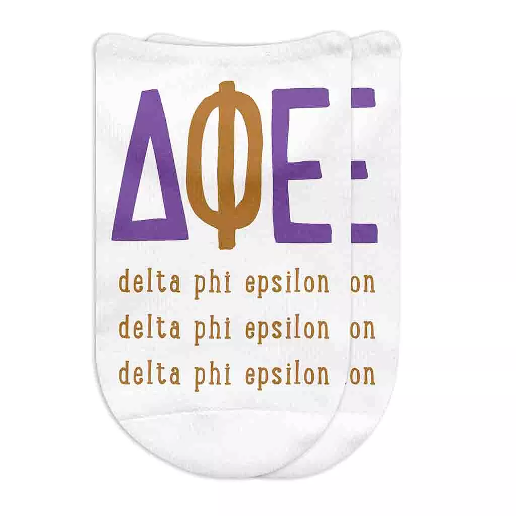 Delta Phi Epsilon Sorority Socks with Large Greek Letters, Printed on No Show Socks