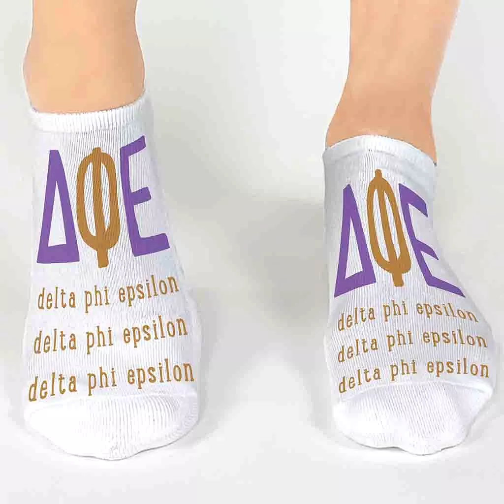 Delta Phi Epsilon Sorority Socks with Large Greek Letters, Printed on No Show Socks