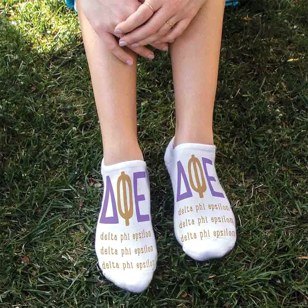 Delta Phi Epsilon Sorority Socks with Large Greek Letters, Printed on No Show Socks