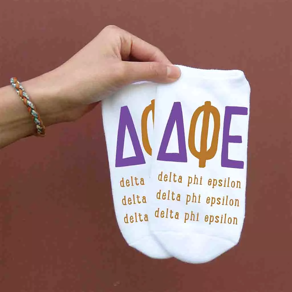 Delta Phi Epsilon Sorority Socks with Large Greek Letters, Printed on No Show Socks