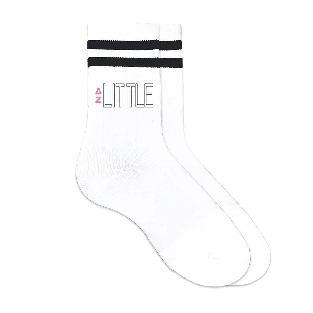 Delta Zeta Sorority Socks for your Big and Little with Greek Letters on Striped Cotton Crew Socks