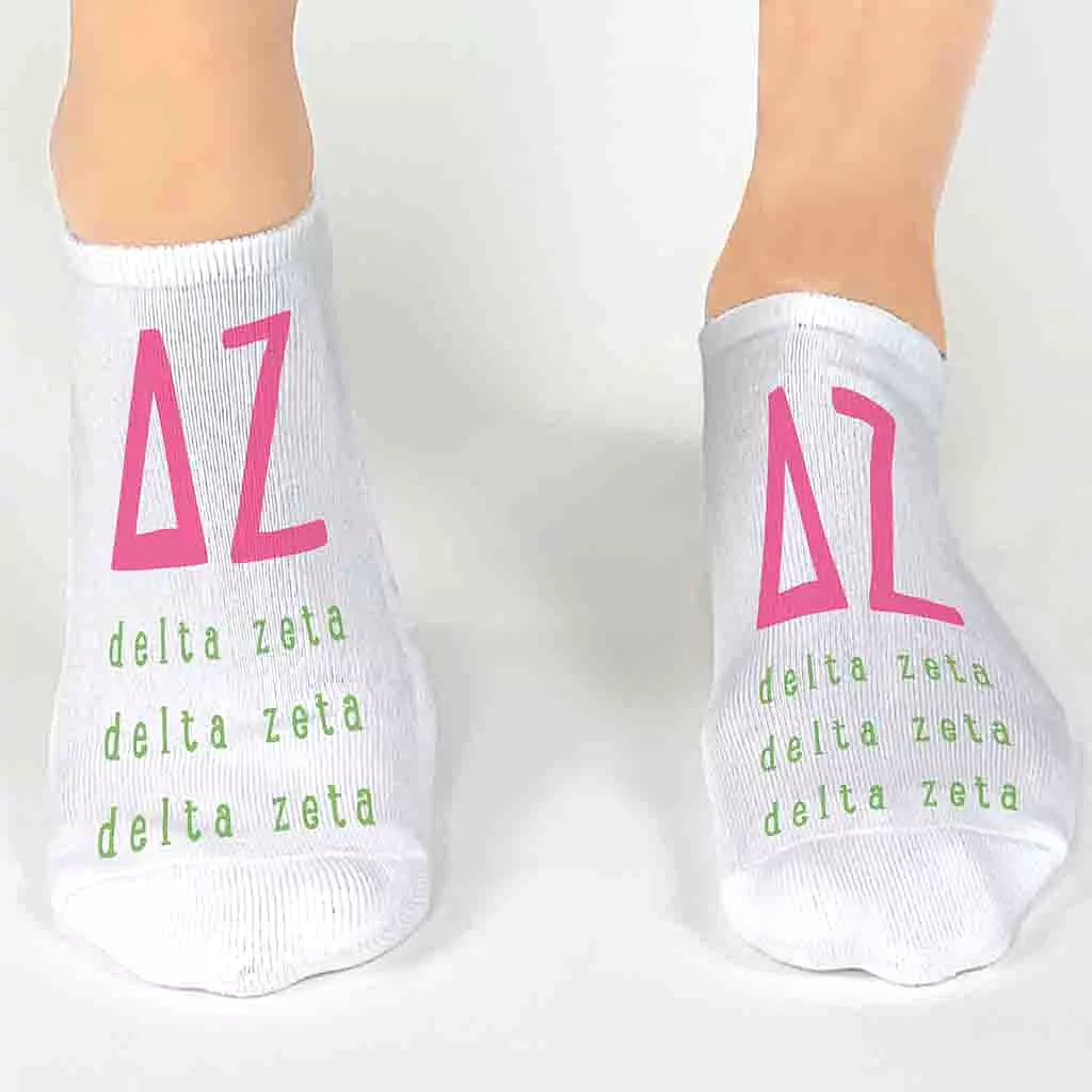 Delta Zeta Sorority Socks with Large Greek Letters, Printed on No Show Socks