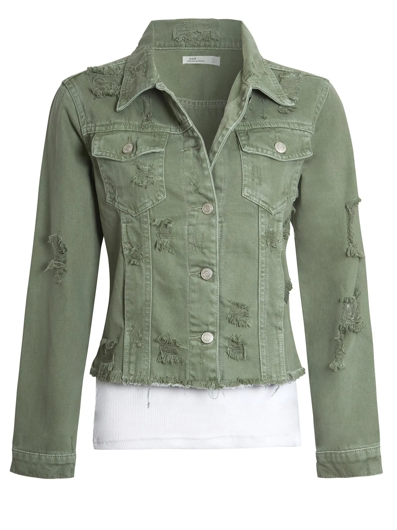 Distressed Denim Frayed Jacket, Khaki, UK Size 8 10 12