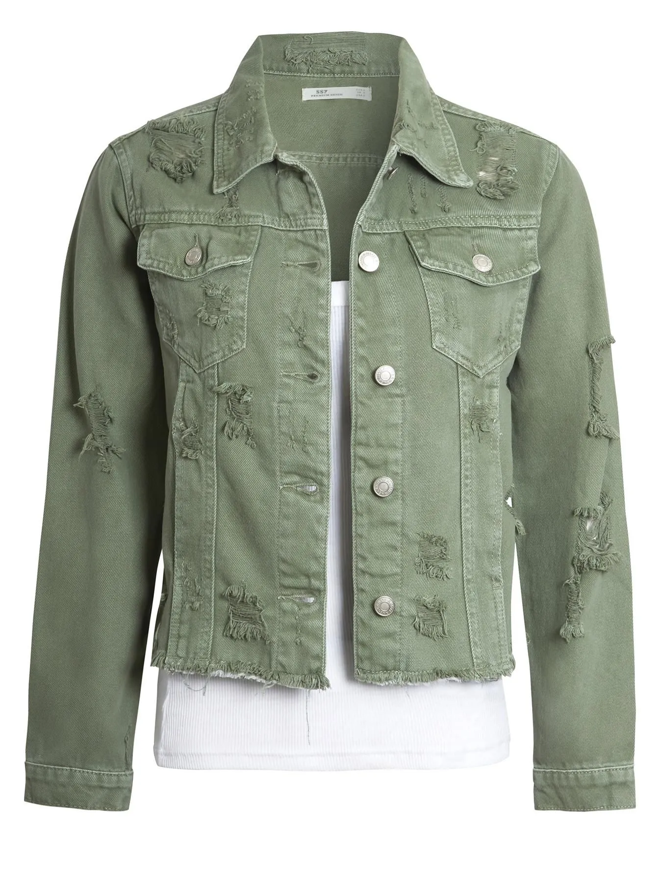 Distressed Denim Frayed Jacket, Khaki, UK Size 8 10 12