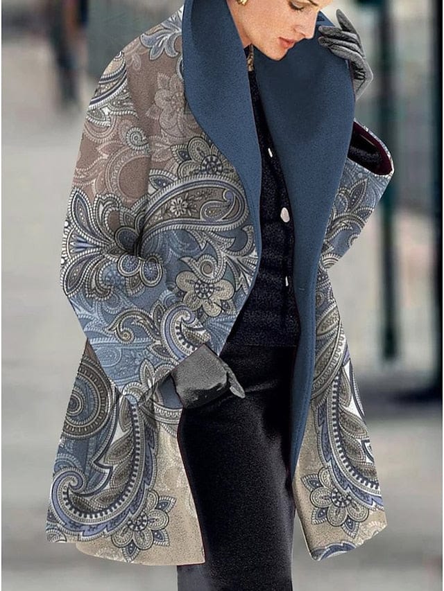 Elegant Floral Print Women's Winter Pea Coat