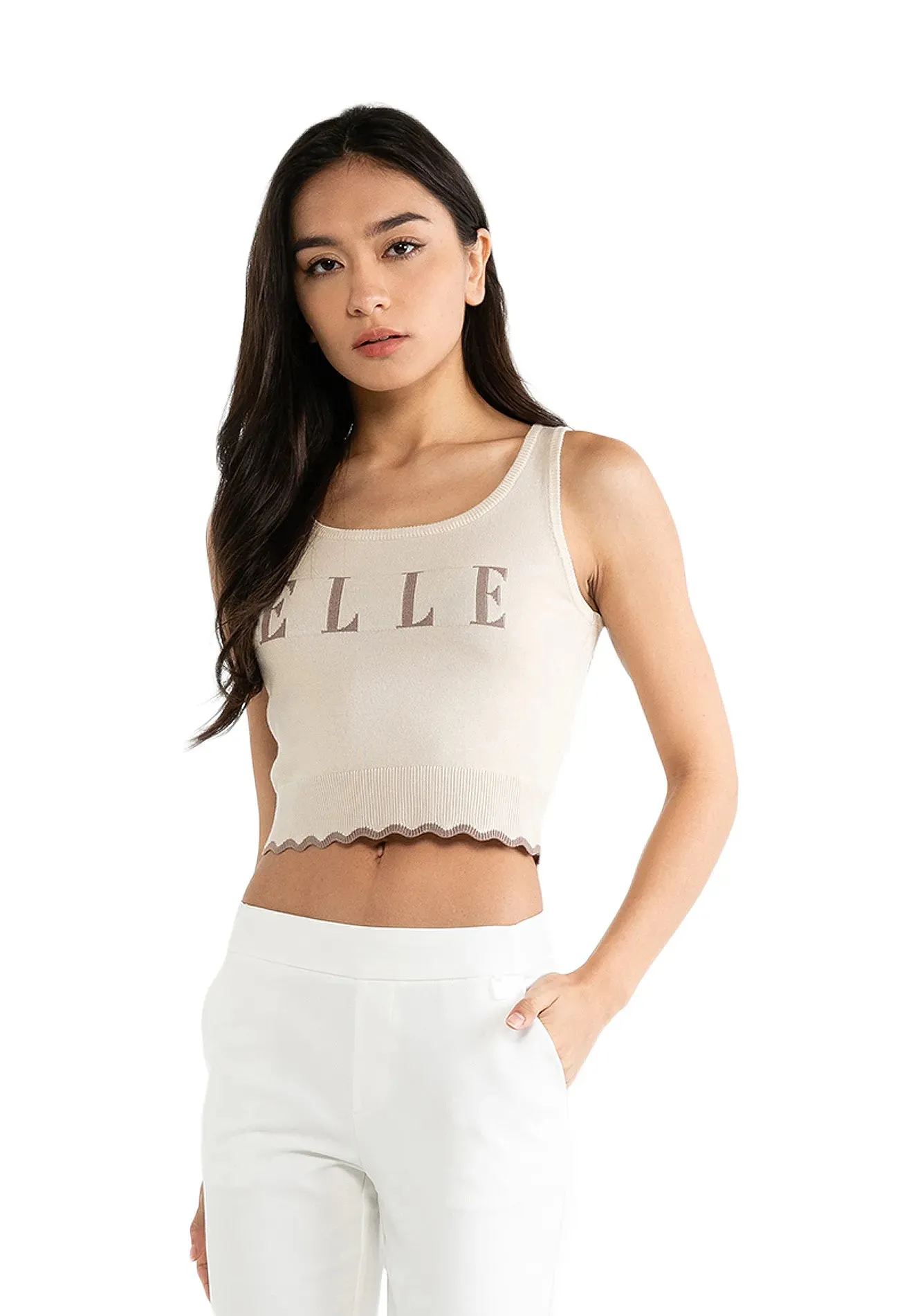 ELLE Leisure Wave Trim Logo Knitted Crop Top