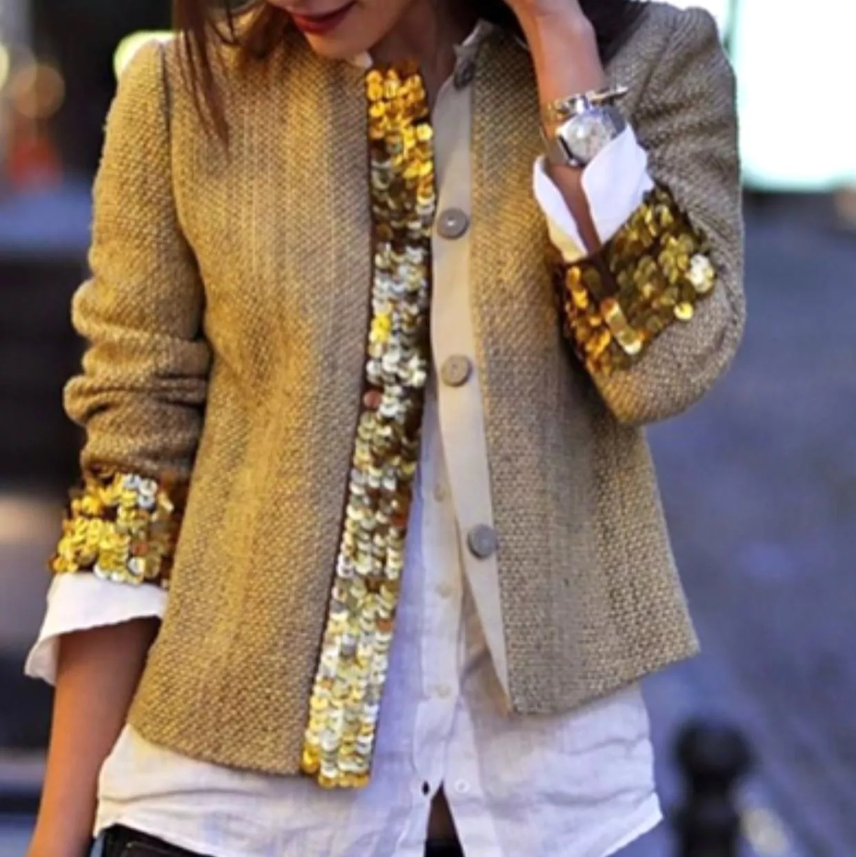 Fashion Sequins Splicing Long Sleeve Cardigan M 005895190