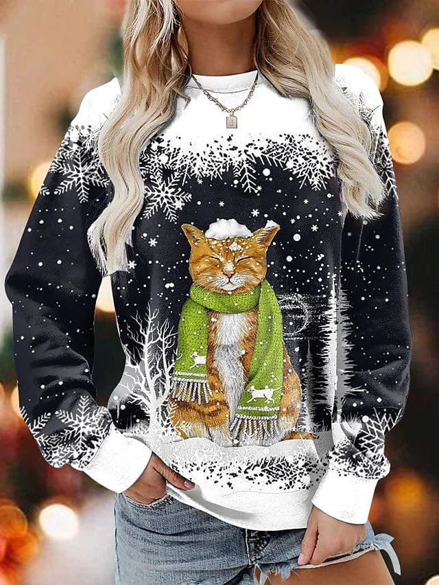 Festive Cat Snowflake Print Women's Pullover Sports Top