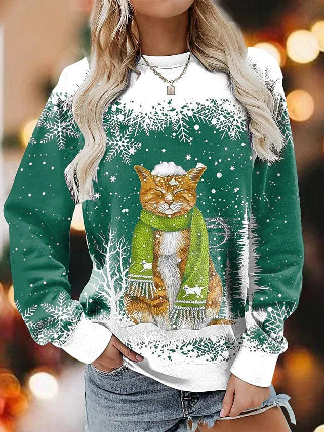 Festive Cat Snowflake Print Women's Pullover Sports Top