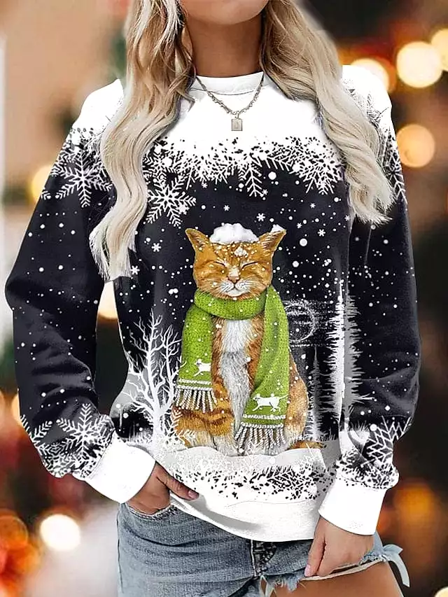 Festive Cat Snowflake Print Women's Pullover Sports Top