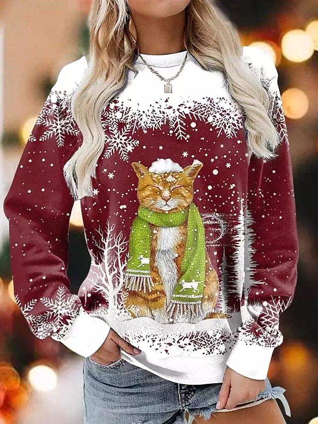 Festive Cat Snowflake Print Women's Pullover Sports Top