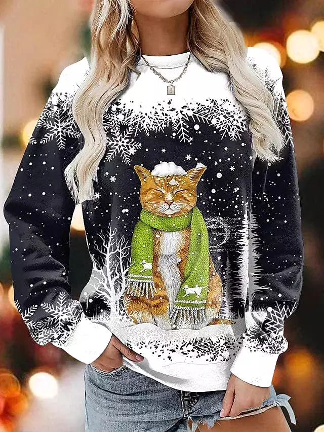 Festive Cat Snowflake Print Women's Pullover Sports Top