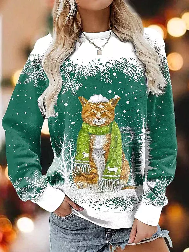 Festive Cat Snowflake Print Women's Pullover Sports Top