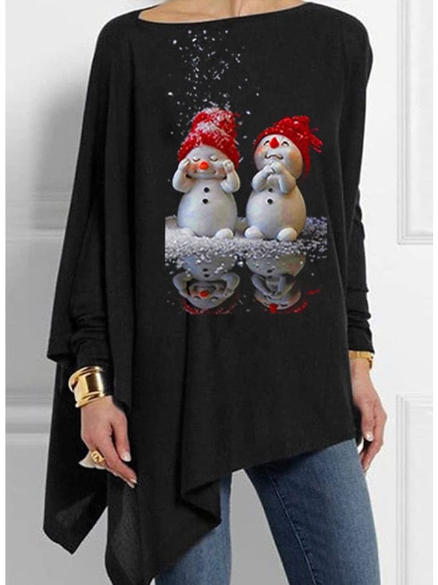 Festive Snowman and Snowflake Print Women's Christmas Blouse