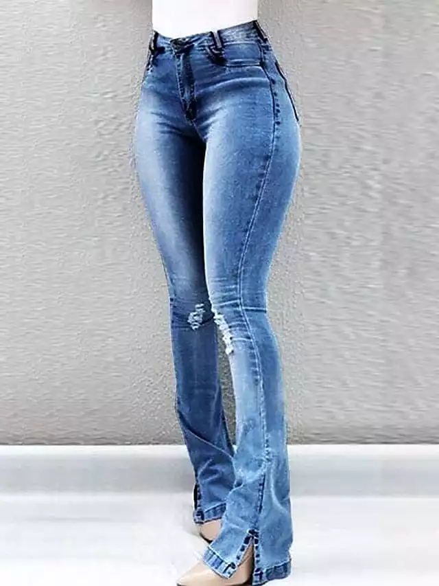 Flared Denim Pants with Side Pockets in Light Blue and Black - Women's Sizes S-M