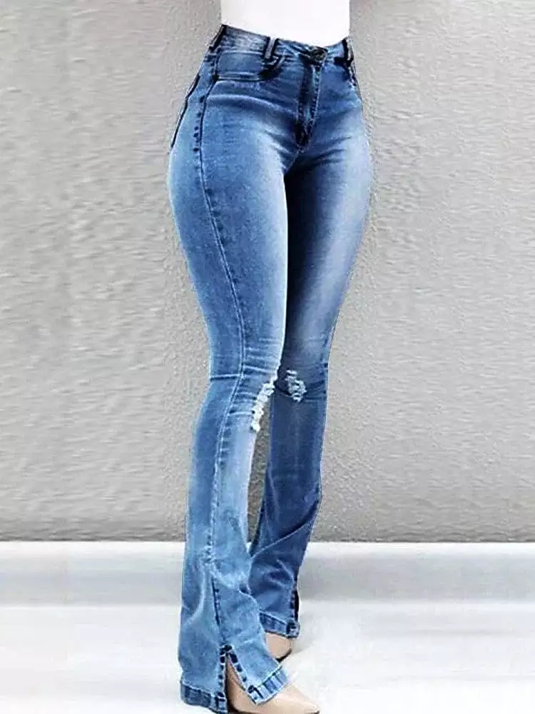 Flared Denim Pants with Side Pockets in Light Blue and Black - Women's Sizes S-M