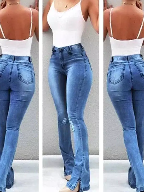 Flared Denim Pants with Side Pockets in Light Blue and Black - Women's Sizes S-M