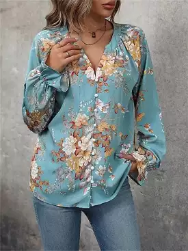 Floral Blue Print V-Neck Shirt Blouse for Women's Casual Holiday Fashion