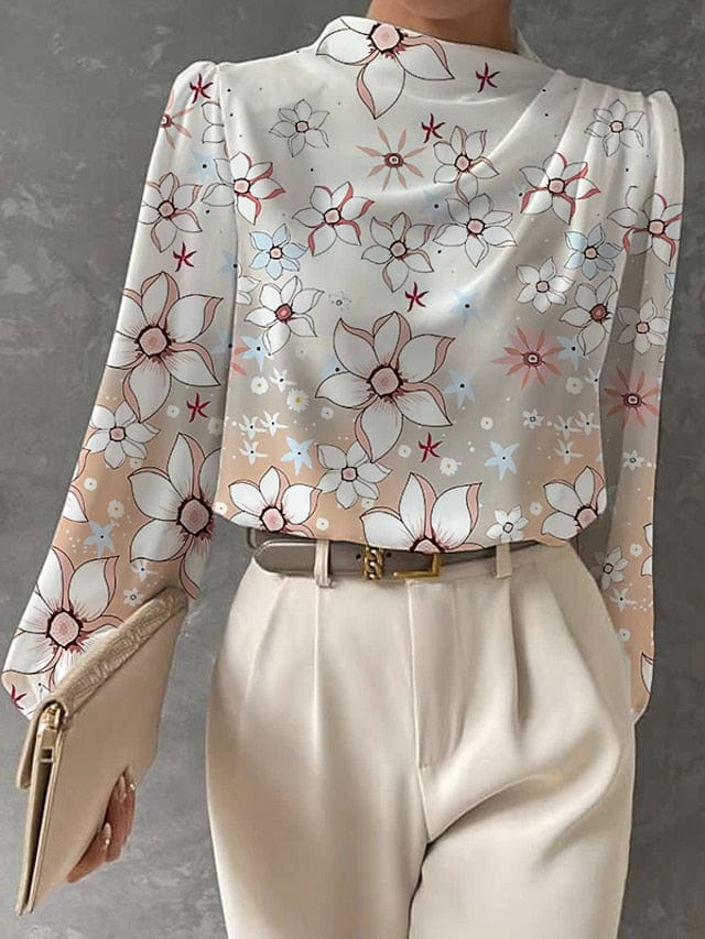 Floral Butterfly Print Long Sleeve Women's Blouse