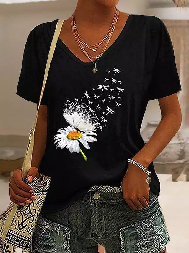 Floral Butterfly Print Women's V-Neck T-Shirt