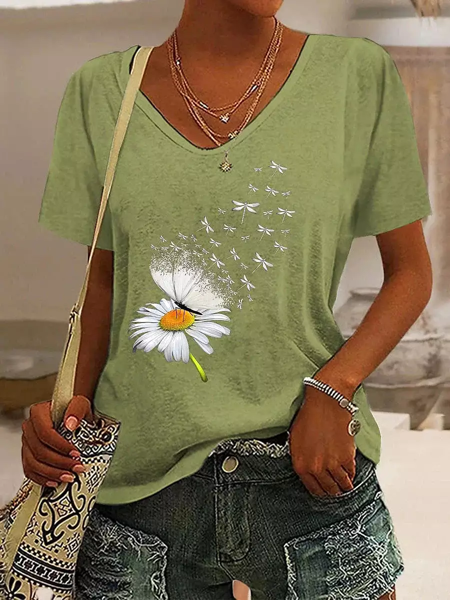 Floral Butterfly Print Women's V-Neck T-Shirt