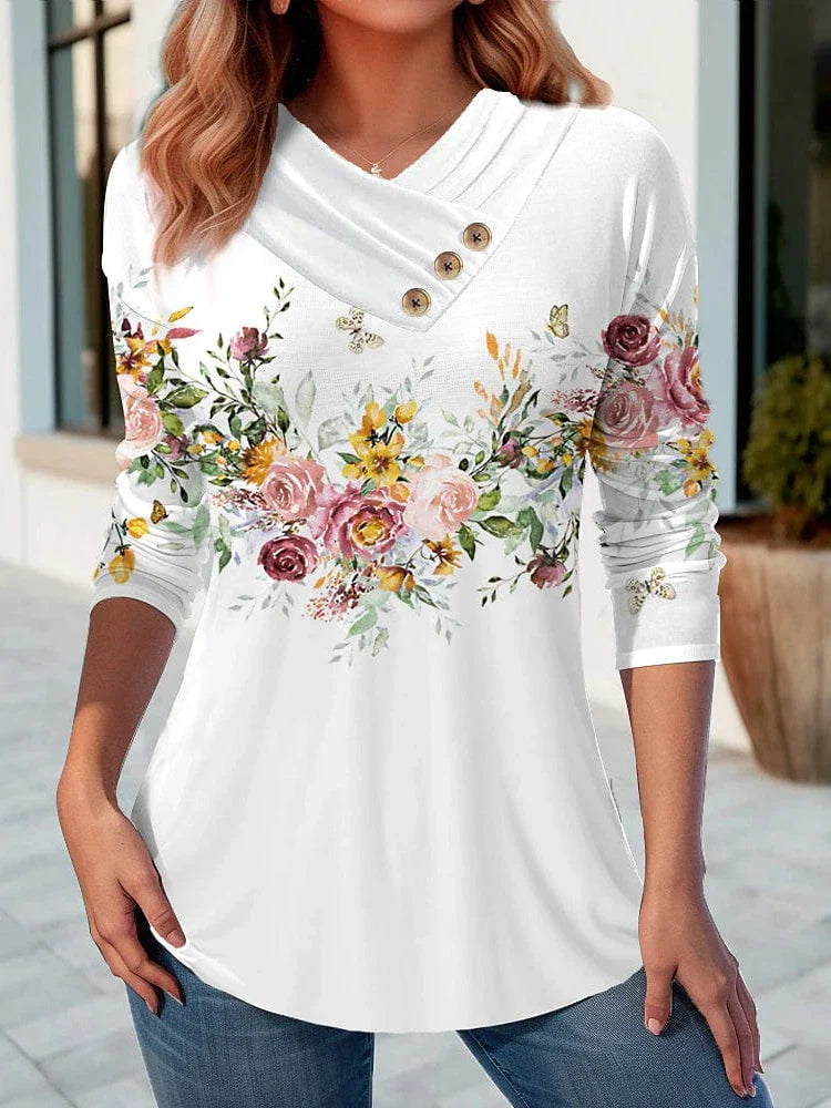 Floral Print Long Sleeve V-Neck Women's Tunic Blouse