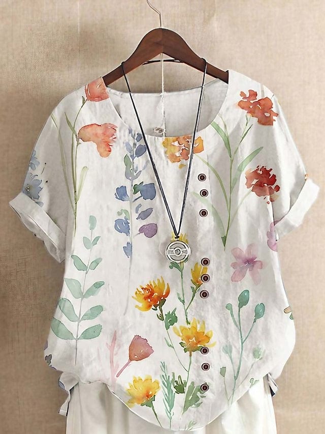 Floral Print Women's Short Sleeve Blouse in Yellow, Purple, and Green