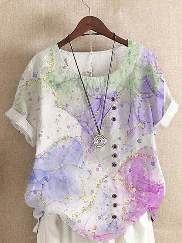 Floral Print Women's Short Sleeve Blouse in Yellow, Purple, and Green