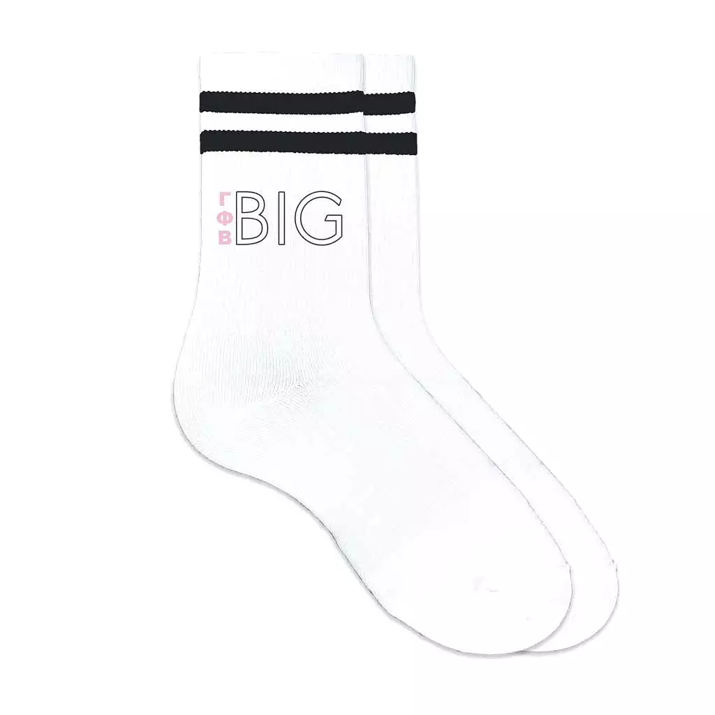 Gamma Phi Beta Sorority Socks for your Big and Little with Greek Letters on Striped Cotton Crew Socks